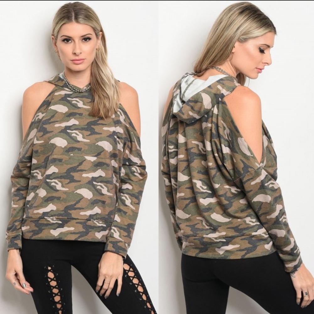 Camo and cold shoulder hoodie and long sleeve